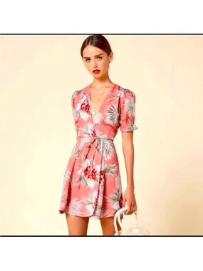 Reformation Pink Lourdes Tropical Print Wrap Dress size medium